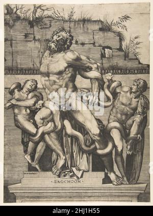 Laocoön und seine Söhne werden von Schlangen angegriffen. 1515–27 Marco Dente Italienisch. Laocoön und seine Söhne werden von Schlangen angegriffen 343592 Stockfoto