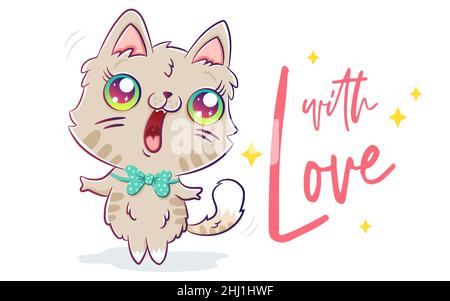 Vektor-Illustration einer niedlichen Katze im Kawaii-Stil. Niedliche Katze mit Herzen zum Valentinstag im Chibi-Stil. Stock Vektor