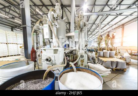 Vollkornmalz im offenen Fass. Weißer Polypropylenbeutel. PP Stockfoto