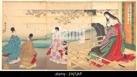 Die dritte Prinzessin und Kashiwagi, aus Kapitel 34, „New Herbs I (Wakana I)“ (Nihon shinnō onna sannomiya) 1890 Yōshū (Hashimoto) Chikanobu Japanisch wie sein Meister Toyohara Kunichika ist Chikanobu für Genreszenen im Triptychon-Format bekannt.Dieses Triptychon ist mit einer Folge aus Kapitel 34 verwandt, Oder New Herbs I, in The Tale of Genji, in dem der junge Kashiwagi zufällig ein Kätzchen bemerkt, das unter einem Bambusblind herausläuft. Er erblickt die elegante Gestalt der dritten Prinzessin, einer von Genjis Frauen, hinter den Blinden und verliebt sich in sie, zu katastrophaler Wirkung. In diesem Bild, Chikanobu Stockfoto