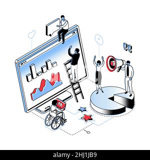 Social-Media-Förderung - moderne Linie Isometrie Design-Stil Illustration auf weißem Hintergrund. Kollegen arbeiten mit Daten und Diagrammen, analysieren die gr Stock Vektor