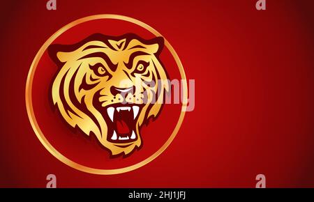 Chinesisches Neujahr 2022 Jahr des Tigers auf rotem Hintergrund. Vektor-Poster mit Tiger-Kopf für chinesisches Neujahr. Symbol von 2022. Stock Vektor