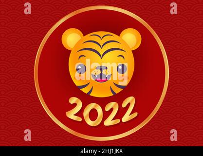 Vektor-Emblem für das neue Jahr 2022 mit Kopf eines Tigers. Vintage-Druck von Kawaii Tiger für 2022 Jahre im asiatischen Stil. Tiger Emoji für das chinesische Neujahr. Stock Vektor