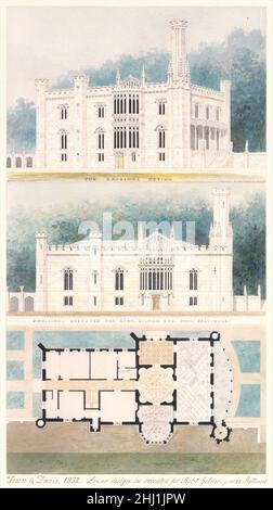 Glen Ellen für Robert Gilmor, Towson, Maryland (Perspektive, Höhe, Und Plan) 1832 Alexander Jackson Davis American Obwohl Benjamin Latrobe's Sedgely (1799), ein klassisch geplantes Haus mit einigen äußeren gotischen Details, manchmal als die erste neugotische Villa in den Vereinigten Staaten genannt wird, war Glen Ellen das erste wirklich malerische Haus der amerikanischen Gotik. Das Design wurde von zwei bahnbrechenden englischen Gothic Revival-Modellen inspiriert: Horace Walpoles Strawberry Hill (1749–76) und Sir Walter Scotts Abbotsford (1812–15; 1819). Diese beiden Häuser begeisterten Robert Gilmor während einer Tour, die er aus en machte Stockfoto