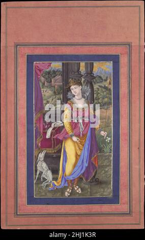 „Diana, Goddess of the Hunt“, Folio aus dem Davis Album Anfang des 17th. Jahrhunderts, das „Ali Quli Jabbadar Diana, die römische Göttin der wilden Tiere und der Jagd, zugeschrieben wird, wird in der westlichen Kunst im Volksmund mit einem Hund oder einem Reh dargestellt, der einen Pfeil und Bogen hält. Hier trägt sie einen großen Speer mit einem Hund an ihrer Seite. Auf der Grundlage eines europäischen Drucks kann das Werk dem isfahanischen Maler ‘Ali Quli Jabbadar zugeschrieben werden, dessen unverwechselbare Farbpalette und gestipelte Pinselarbeiten zu sehen sind. 'Diana, Goddess of the Hunt', Folio aus dem Davis Album 448483 Stockfoto