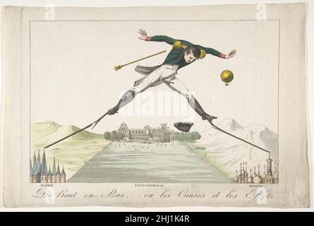 Von oben nach unten oder Ursache und Wirkung (Du haut en Bas...ou les Causes et les effets) April 1814 Elie French kurz nach Napoleons Abdankung in Paris veröffentlicht, deutet diese Satire darauf hin, dass der Kaiser gefallen ist, weil er versuchte, simultane Kampagnen auf gegenüberliegenden Seiten Europas zu führen. Französische Armeen hatten Spanien 1808 erfolgreich eingedrungen, stießen aber bald auf Guerillawiderstand, der von britischen Truppen unterstützt wurde. Eine Reihe von Niederlagen im Jahr 1812 zwang einen Rückzug über die Pyrenäen. Im selben Jahr führte Napoleon seine Großarmee nach Russland und eroberte Moskau, musste sich aber erneut zurückziehen, nachdem er den Himmel litt Stockfoto