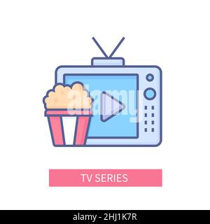 TV-Serie – Symbol im modernen farbigen Liniendesign auf weißem Hintergrund. Ordentliches, detailliertes Bild von Fernsehbildschirm und Popcorn. Perfektes Zuhause Abend w Stock Vektor