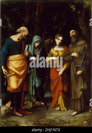 Die Heiligen Petrus, Martha, Maria Magdalena und Leonard Ca. 1515 Correggio (Antonio Allegri) Italienisch drei Heilige, jeder in seinen eigenen Gedanken verloren, werden vor einem dunklen Waldhain dargestellt, der von einem sanften Licht erleuchtet wird. Die vier Heiligen wurden vom Patron Melchiore Fassi ausgewählt, der für eine Kirche in der Heimatstadt des Malers Correggio in Auftrag gegeben wurde. Correggio war einer der originellsten Maler der Renaissance, und in diesem frühen Bild erforschte er Ideen, die von Leonardo da Vinci in Umlauf gebracht wurden, und suchte nach einer eindringlichen Mehrdeutigkeit des Ausdrucks und einem weichen, umhüllenden Licht. Die Heiligen Petrus, Martha, Maria Magda Stockfoto