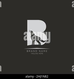 Logo Vorlage Buchstabe B mit Wolf eingearbeitet. Negativer Raum abstrakter Stil moderner Vektor bearbeitbar Stock Vektor