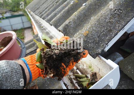 Reinigung Der Regenrinnen. Aushöhlung der Blätter aus der Rinne. Reinigen und reparieren Sie Regenrinnen und Auslauf mit den Händen des Dachdeckers. Schritt für Schritt. Stockfoto