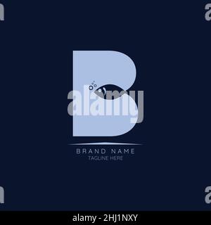 Logo Vorlage Buchstabe B mit Fisch eingearbeitet. Negativer Raum abstrakter Stil moderner Vektor bearbeitbar Stock Vektor