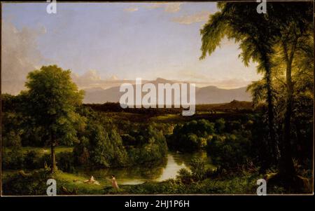 Blick auf den Catskill – Anfang Herbst 1836–37 Thomas Cole American Cole wurde von den Bergen, Klippen und grünen Tälern, die den Hudson River im Bundesstaat New York umgeben, entrückt und verbrachte einen Großteil seiner Zeit in seinem Haus in der Nähe der Stadt Catskill am Ufer des Catskill Creek. Bis 1837 jedoch ähnelte die Landschaft dieser Leinwand nicht mehr. Die Canajoharie- und Catskill-Eisenbahn wurde durch ihr Herz gebaut und verbarg Hunderte von Bäumen. Cole, der auch Dichter und Essayist war, schrieb verzweifelt über das rücksichtslose Opfer. Auf dem Bild, die nebligen fernen Berge, das ruhige Licht auf dem w Stockfoto