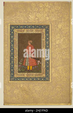 'Portrait of Rup Singh', Folio aus dem Shah Jahan Album verso: Ca. 1615–20; recto: Ca. 1500 Gemälde von Govardhan das Thema dieses Gemäldes, Rup Singh, Sohn von RAM Chand (nicht Rai Chanda, wie laut Jahangir's Inschrift), war einer der Beamten am Hof von Shah Jahan. Das Porträt ist umgeben von Versfragmenten aus einer persischen Masnavi, die zu Amir Khusraus Khamsa (Quintett) gehört. 'Portrait of Rup Singh', Folio aus dem Shah Jahan Album 451296 Stockfoto