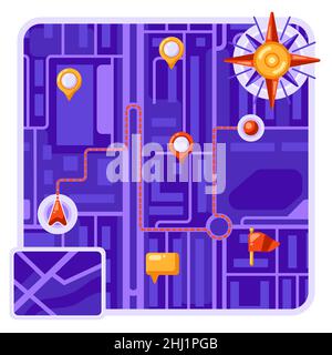 Stadtplan-Hintergrund-Design mit Markierungen und Fahnen. Darstellung von Straßen, Straßen und Gebäuden. Bild für Geographie und Kartographie, Reisen und Stock Vektor