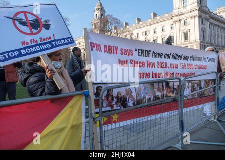 London, Großbritannien. 26th. Januar 2022. Demonstranten der Tigray auf dem Parliament Square fordern humanitäre Hilfe für Tigray und ein Ende dessen, was sie sagen, ist der Völkermord, der stattfindet. Seit dem 2020. November sollen mehr als 150.000 Zivilisten im Bürgerkrieg mit äthiopischen Regierungstruppen getötet oder verletzt worden sein, darunter auch durch Angriffe türkischer Drohnen, und die britische Regierung aufgefordert werden, einzugreifen und die von Menschen gemachte Hungersnot dort zu stoppen. Peter Marshall/Alamy Live News Stockfoto