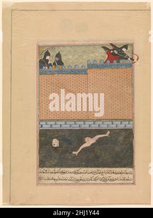 'Belagerung von Bagdad', Folio aus einer zerstreuten Kopie des Zafarnama (Buch des Sieges) von Sharaf al-din 'Ali Yazdi Dhu'l Hijja 839 A.H./A.D. Juni–Juli 1436 Sharaf al-din 'Ali Yazdi Dieses Folio illustrierte einst ein Manuskript der Zafarnama, eine Biographie des Herrschers Timur, die von seinem Enkel Ibrahim Sultan in Auftrag gegeben wurde. Der Text verherrlicht Timurs viele Siege auf dem Schlachtfeld, einschließlich seiner 1401 hier abgebildeten Belagerung von Bagdad. Auf dem Gemälde versuchen Bewohner der Stadt zu fliehen, indem sie über den Tigris schwimmen. Charakteristisch für ma sind die markant erspärlich und dennoch sehr animierten Winkelkompositionen Stockfoto