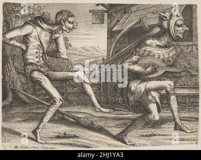 Zwei Narren tanzen von zwei und drei Narren des Karnevals 1642 Hendrick Hondius I Niederlandisch. Zwei Narren tanzen von zwei und drei Narren des Karnevals 334132 Stockfoto