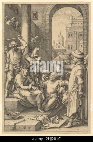 Die Krönung mit Dornen, aus der Passion Christi 1597 Hendrick Goltzius Niederländisch Zwischen 1596 und 1598 gravierte Goltzius diese Serie von zwölf Drucken, die die Passion Christi illustrierten. Sie spiegeln den Einfluss des niederländischen Künstlers Lucas van Leyden sowohl in den Figurentypen als auch in der eigentlichen Gravurtechnik wider. Im Gegensatz zu seinem normalen Grafikstil, der durch eine dramatische Linie gekennzeichnet war, die um die Figuren und den Hintergrund schwillt und sich verjüngt, verwendet Goltzius hier dünne, gerade Linien, die mit langen, geraden Schraffurlinien durchzogen sind, die typisch für Lucas' Drucke sind. Im Norden Stockfoto
