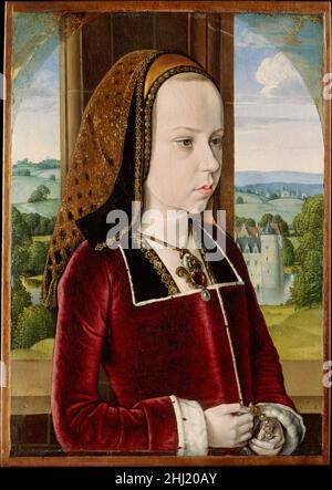 Margarete von Österreich ca. 1490 Jean Hey (genannt Meister von Moulins) Niederlandisch die Tochter Kaiser Maximilians I., Margarete von Österreich, wurde im Alter von drei Jahren mit dem jungen dauphin Charles, dem zukünftigen Karl VIII, verlobt und diente von 1483 bis 1491 kurz als "Königin von Frankreich". Sie wird hier im Alter von etwa zehn Jahren gezeigt, ein Jahr bevor sie von ihrem beabsichtigten Ehemann abgelehnt wurde. Die Initialen C und M innerhalb der Grenze von Margarets Kragen (rückwärts C im linken Rand) bedeuten wahrscheinlich ihre Vereinigung. Die Kette aus Goldmuscheln auf ihrem Kopfschmuck kann Teil der Wappen-Insignien der Bour sein Stockfoto