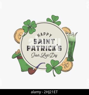 St. Patricks Day Circle Frame Label-Vorlage. Handgezeichneter Leprechauns-Hut, Goldmünzen und Shamrock Leaves Sketch Symbols Card. Irische Flagge und Bier Stock Vektor
