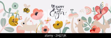Frohe Ostern Banner. Osterdesign mit Typografie, Blumenstrichen, Punkten, Eiern und Hasen in Pastellfarben. Moderner, minimalistischer Stil. Horizontales Poster Stock Vektor