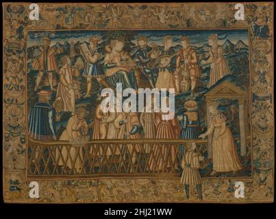 Der Garten des Falschen Lernens aus dem Tisch der Cebes 1550–80 nach einem Holzschnitt von David Kandel Deutsch dieser Nadelpunktehang zeigt eine Szene aus dem Tabula Cebetis (der Tisch der Cebes), Eine Abhandlung, die lange fälschlicherweise geglaubt wurde, von Sokrates' Schüler Cebes geschrieben zu haben, die große Popularität als lateinischer Leser in Europa im sechzehnten und siebzehnten Jahrhundert genoss. Der Text beschreibt ein Gemälde, das im Tempel des Saturn in Theben gezeigt wurde und die Reise durch das Leben und den Weg zum wahren Glück zeigte. Diese Hängefigur zeigt die vorletzte Episode der Reise: Der Protagonist ist Stockfoto