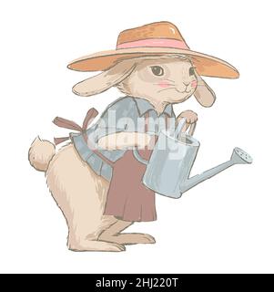 Süße Mama Kaninchen in einem Hut hält eine Gießkanne. Bunny Gardener's können für Grußkarten, Baby-Dusche-Einladungen verwendet werden. Vector Kinderzimmer Stock Vektor