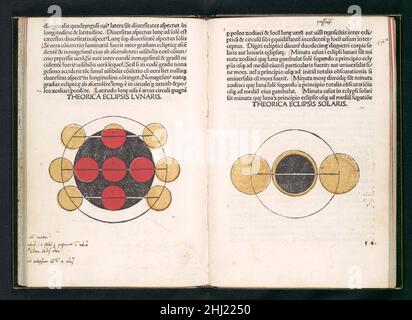 Sphaera Mundi 1485 Johannes de Sacrobosco (John Holybush) Schottisch oder britisch der Verleger und Drucker Erhard Ratdolt verließ 1475 seine Geburtsstadt Augsburg und arbeitete im folgenden Jahr in Venedig, wo seine Publikationen zu den einfallsreichsten gehörten. In seinem Kalendarium von 1476 mit seiner markanten Holzschnittbordüre führte Ratdolt die erste dekorative Titelseite in einem gedruckten Buch ein. Zu einer Zeit, in der die meisten Verleger Leerstellen ließen, um Anfangsbuchstaben von Hand hinzuzufügen, führte er eine Reihe von Ornament-Holzschnitt-Initialen ein, deren Beispiele auf den hier gezeigten Seiten zu sehen sind.Ratdolt hatte einen pa Stockfoto