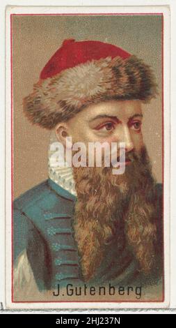 Johannes Gutenberg, Druckermuster für das Souvenir-Album der Erfinder der Welt (A25) für Allen & Ginter Cigarettes 1888, herausgegeben von Allen & Ginter American Printer's Samples für das Sammleralbum 'World's Inventors' (A25), das 1888 zur Werbung für Zigaretten der Marke Allen & Ginter herausgegeben wurde. Unter Berufung auf Burdicks „The American Card Catalog“: "Erinnerungsalben dieser Art, wie sie von den Tabakfirmen herausgegeben wurden, sollten wahrscheinlich die einzelnen Karten ersetzen, wenn der Raucher dies wünscht, oder ihm zumindest ermöglichen, die gesamte Sammlung von Designs zu besitzen, ohne die Schwierigkeit zu haben, alle Divi zu erhalten Stockfoto