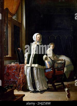 Lady at her Toilet von dem niederländischen Künstler des Goldenen Zeitalters, Frans van Mieris der Ältere (1635-1681), Öl auf Tafel, c.. 1659/60 Stockfoto