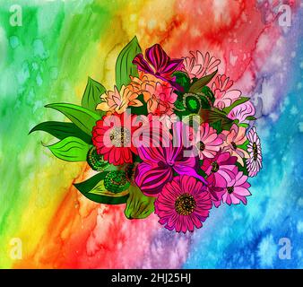 Florales Element auf hellem Regenbogenhintergrund. Dekorative Karte mit hellen Blumen. Mischung aus digitaler Illustration und handgemalter Textur. Stockfoto