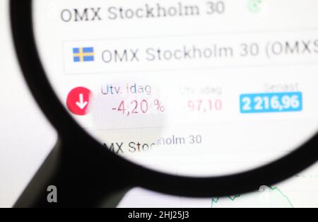 Der Stockholmer Nasdaq fällt am Montag und bricht um mehr als 5 Prozent zusammen. Bedenken wegen höherer Zinsen und des Ukraine-Konflikts erklären den Börsencrash am Montag, so mehrere Experten.das Bild zeigt die roten Aktienkurse auf OMX Stockholm 30. Stockfoto