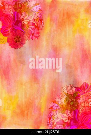 Florales Element auf hellem Hintergrund. Dekorative Karte mit hellen Blumen. Mischung aus digitaler Illustration und handgemalter Textur. Stockfoto