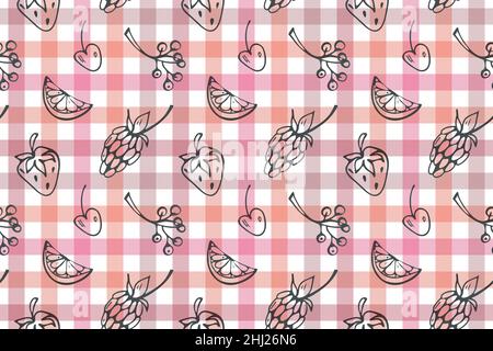 Rosa glenn-Karo-Nahtloses Muster. Handgezeichneter Pinselstrich mit schwarzer Tinte, isolierte Formen von Gartenfrüchten, Doodle-Stil. Geometrisches Raster, rosa Farbpalette Stock Vektor
