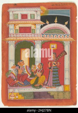 Vilaval Ragini: Folio aus einer ragamala-Serie (Girlande der musikalischen Modi) ca. 1680 Indien (Rajasthan, Sirohi) die Vilaval raagei wird am Morgen durchgeführt, wie die Sonne in einem dunklen Himmel aufgeht. In der Poesie wird diese Raga als eine Dame beschrieben, die sich darauf vorbereitet, ihren Geliebten zu treffen, und hier wird sie gezeigt, wie sie in einem Spiegel schaut und ihre Ohrringe fixiert. Der Pavillon ist ohne Tiefe dargestellt und der Oberflächenstrukturierung wird große Bedeutung beigemessen. Die orangefarbenen Ränder und die roten und grünen Farbfelder im architektonischen Rahmen verbinden das Werk mit einer exquisiten ragamala-Serie, die dem Sirohi-Hof zugeschrieben wird. T Stockfoto