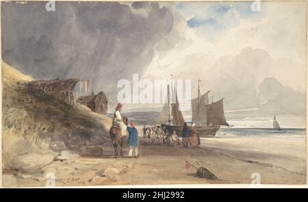 Figuren an einem Strand, Nordfrankreich 1830 Thomas Shotter Boys Britische Dunkle Regenwolken ziehen schnell über einen Strand, während Figuren in lokalem Kostüm sich einem Segelschiff nähern. Boys wurde als Kupferstecher ausgebildet und begann, Aquarell zu verwenden, nachdem sie Richard Parkes Bonington 1823 in Paris treffen konnte. Dieses Thema an der Küste zeigt die individuellen Qualitäten von Boys zusammen mit einer anhaltenden Verschuldung Bonington, zwei Jahre nach dessen Tod. Boys hatte seinen Sitz in England, als er dieses Werk 1830 malte, aber bald kehrte er nach Paris zurück und zeigte viele Aquarelle, die neues Interesse am Medium aufstamten. Abbildungen Stockfoto