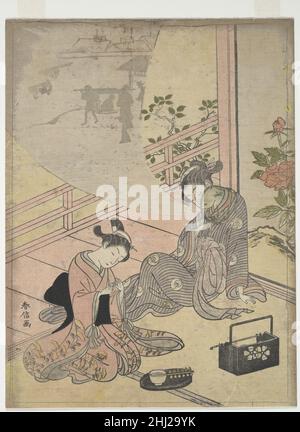 Parodie of the Tale of Young man Lu: Kurtisane Dreaming 18th Century Suzuki Harunobu die Kurtisane der Japanerin Harunobu, die wahrscheinlich von dem Moment träumt, in dem sie ihr Elternhaus verlässt, um eine glückliche Ehe zu beginnen, wird bald wieder aufwecken und mit der Realität konfrontiert werden, die sie umgibt. Um das körperliche vom nichtkörperlichen zu unterscheiden, gibt Harunobu die Figuren in der Traumblase grau aus und lässt den Rest des Hintergrunds unbedruckt. Parodie auf die Geschichte des jungen Mannes Lu: Kurtisane träumen 55810 Stockfoto