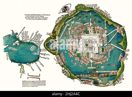 Plan der aztekischen Stadt Tenochtitlán (heute Mexiko-Stadt) von Hernán Cortés, 1520, Fax, digital restauriert Stockfoto