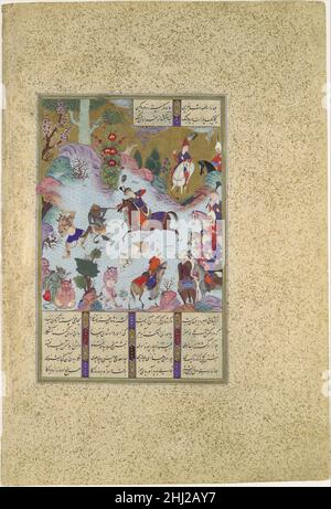 'Tahmuras besiegt die Divs', Folio 23v aus dem Shahnama (Buch der Könige) von Shah Tahmasp ca. 1525 Abu'l Qasim Firdausi Tahmuras, hier galoppiert über eine Wiese, besiegte die Divs (Dämonen); im Austausch für ihr Leben lehrten sie ihm die Kunst des Schreibens. Dieses Werk wird Sultan Muhammad zugeschrieben, dem Meistermaler und Hauptverwalter der ersten Generation von Künstlern dieses Manuskripts. Der Humor der grässlichen Gesichter und Gesten der Divs und die malerische Behandlung ihrer fleckigen Haut sind typisch für Sultan Muhammads Stil. 'Tahmuras besiegt die Divs', Folio 23v vom Shahnama ( Stockfoto