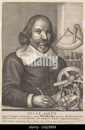 Elias Allen 1666 Wenceslaus Hollar Böhmisches Porträt von Elias Allen, halblang nach rechts, nach links blickend, an einem Tisch sitzend, auf dem mathematische Instrumente liegen, ein Paar Kompasse in der rechten Hand haltend, mit breitem weißen Kragen über dunkler Jacke, die mit vierzehn Knöpfen befestigt ist; Weitere Instrumente und Werkzeuge hängen an der Wand dahinter; nach Hendrick van der Borcht.. Elias Allen 361585 Stockfoto