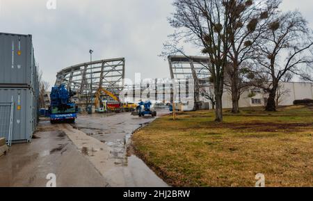 Das Ferry-Dusika Hallenstadion war eine multifunktionale Sporthalle im Wiener Bezirk Leopoldstadt von 2nd. Mit bis zu 5.500 Sitzplätzen war es einer der Th Stockfoto