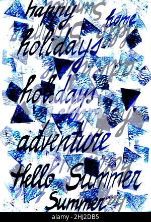 Aquarellhintergrund mit verschiedenen handgeschriebenen Wörtern. Handgezeichnetes Kunstdesign für Web, Werbung, Banner, Poster, Drucke. Stockfoto