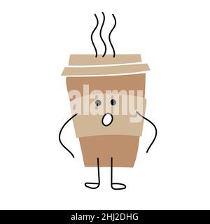 Kaffeetasse - lustige Zeichentrickfigur mit Emotion der Überraschung auf weißem Hintergrund. Einfache Zeichentrickfigur Stock Vektor