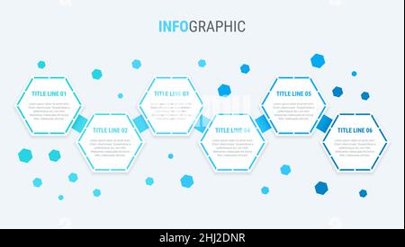 Blaue Infografik-Vorlage. 6 Optionen Wabendesign. Vektor-Timeline-Elemente für Präsentationen. Stock Vektor