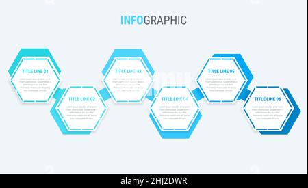 Blaues Diagramm, Infografik-Vorlage. Zeitachse mit 6 Optionen. Honeycomb Workflow-Prozess für Unternehmen. Vektordesign. Stock Vektor