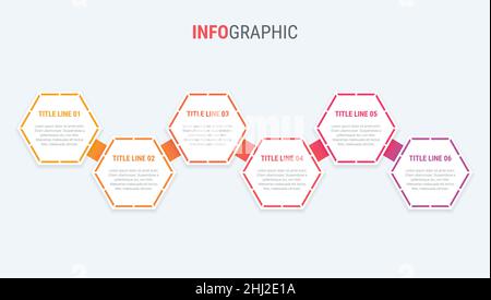 Rote Infografik-Vorlage. 6-stufige Wabenkonstruktion. Vektor-Timeline-Elemente für Präsentationen. Stock Vektor