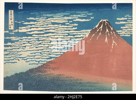 Südwind, Clear Sky (Gaifū kaisei), auch bekannt als Red Fuji, aus der Serie sechsunddreißig Ansichten des Fuji-Berges (Fugaku sanjūrokkei) ca. 1830–32 Katsushika Hokusai der Japaner Hokusais '36 Ansichten des Mount Fuji' wird zu Recht als eine der weltweit größten Bilderserien verschiedener Bedingungen und Aussichtspunkte eines bestimmten Ortes gefeiert, in diesem Fall des Berges, der für Japan steht. Der Sturm unter Fuji, der hier der klaren, brillanten Ruhe von „Südwind, Clear Sky“ (dem „Roten Fuji“) gegenübergestellt wird, offenbart die ausdrucksstarke Wicht und Kraft von Hokusais Vision. Forky über die inky Basis, ein bo Stockfoto