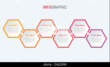 Rotes Diagramm, Infografik-Vorlage. Zeitachse mit 6 Schritten. Honeycomb Workflow-Prozess für Unternehmen. Vektordesign. Stock Vektor