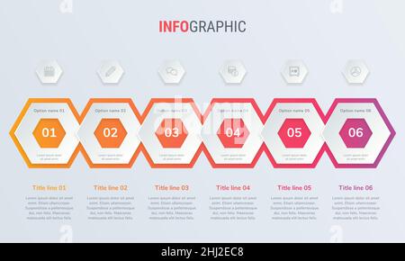 Abstrakte Business Wabeninfographic Vorlage mit 6 Schritten. Rotes Diagramm, Zeitleiste und Zeitplan isoliert auf hellem Hintergrund. Stock Vektor