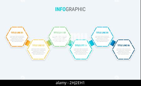 Rote Infografik-Vorlage. 6-stufige Wabenkonstruktion. Vektor-Timeline-Elemente für Präsentationen. Stock Vektor